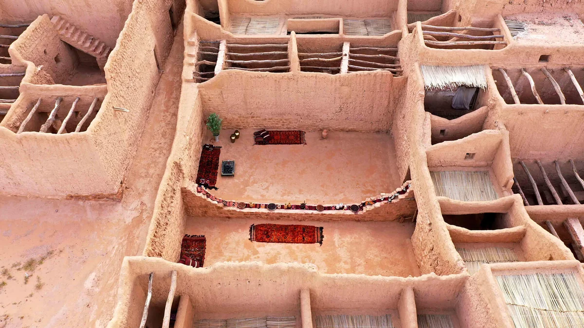 Traditional mudbrick rooflines and interior courtyard details in AlUla Old Town